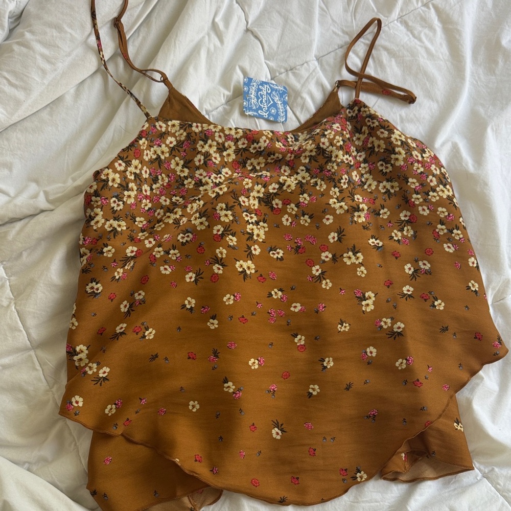 Free People Floral Tan and Pink Tank Top